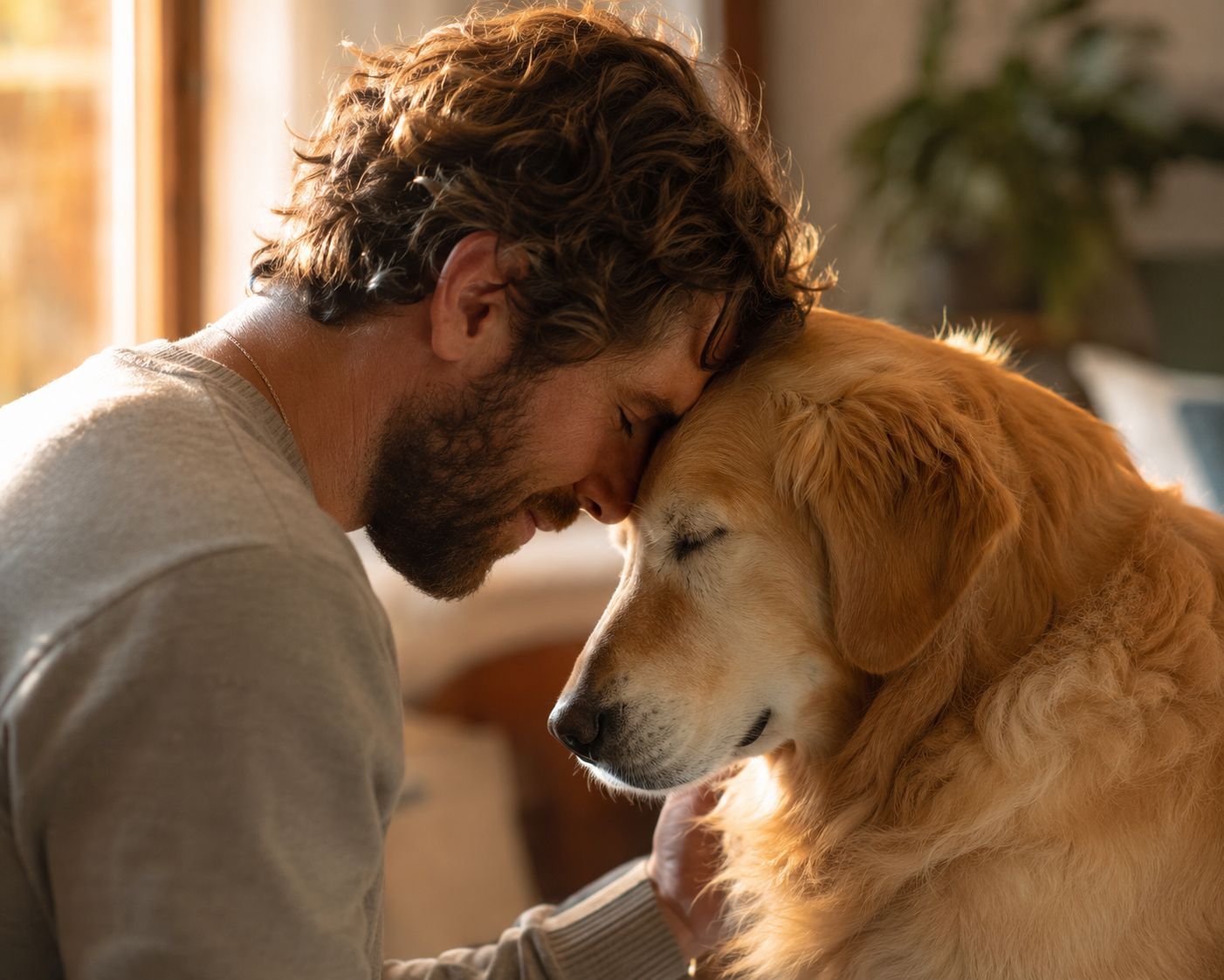 A pet parent resting their forehead against an older dog's head