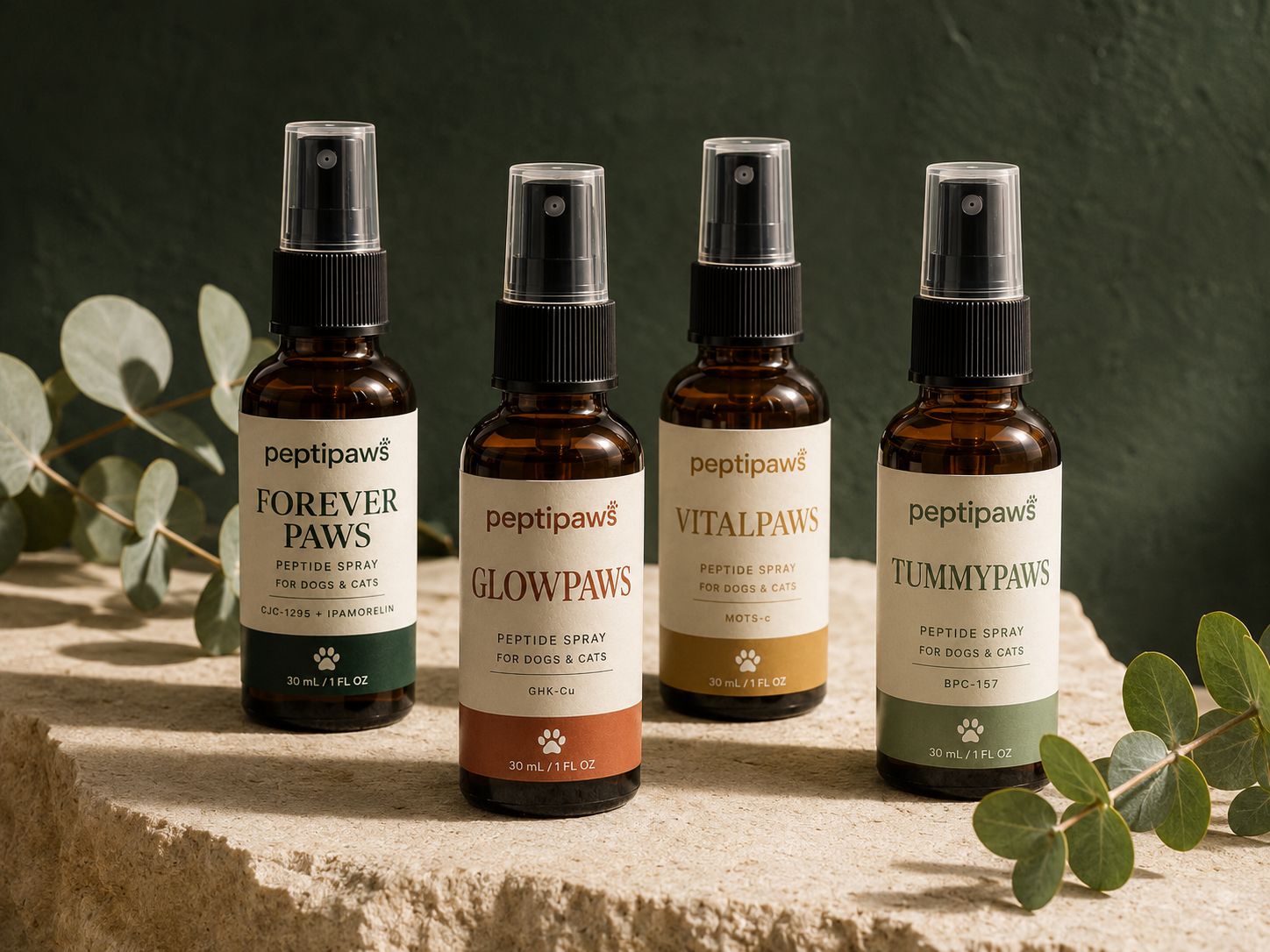 Several PeptiPaws spray bottles arranged on a stone surface with botanicals