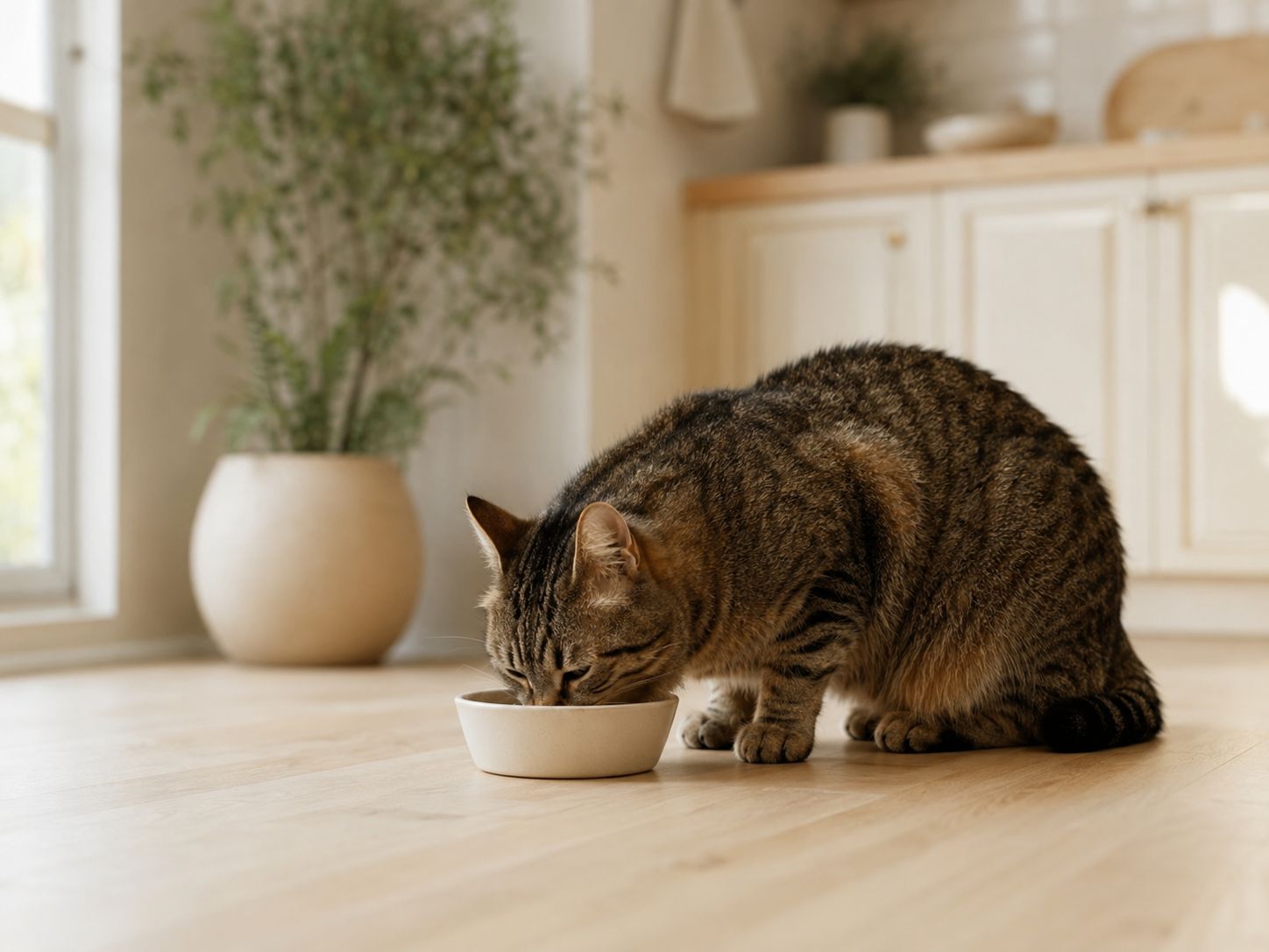 A cat eating from a ceramic bowl in a warm kitchen
