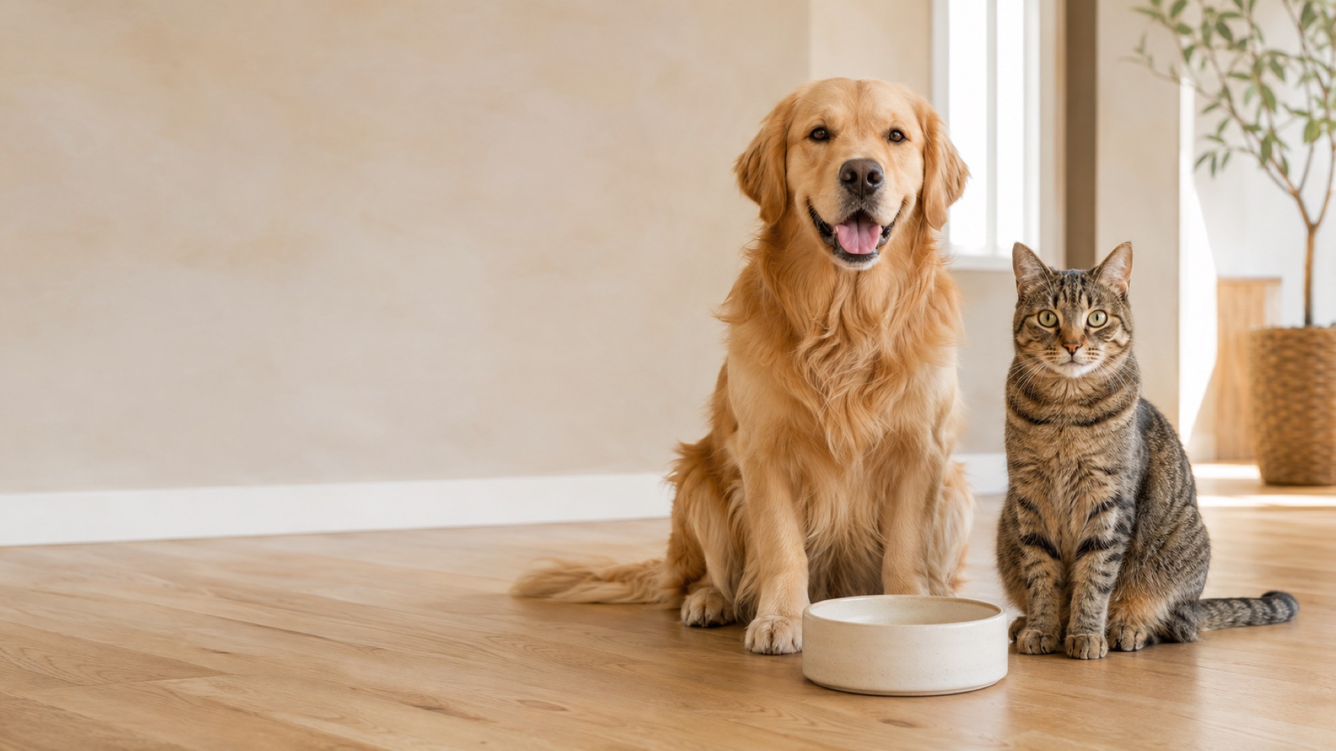 A golden retriever and a tabby cat sitting beside a ceramic food bowl in a warm, sunlit room