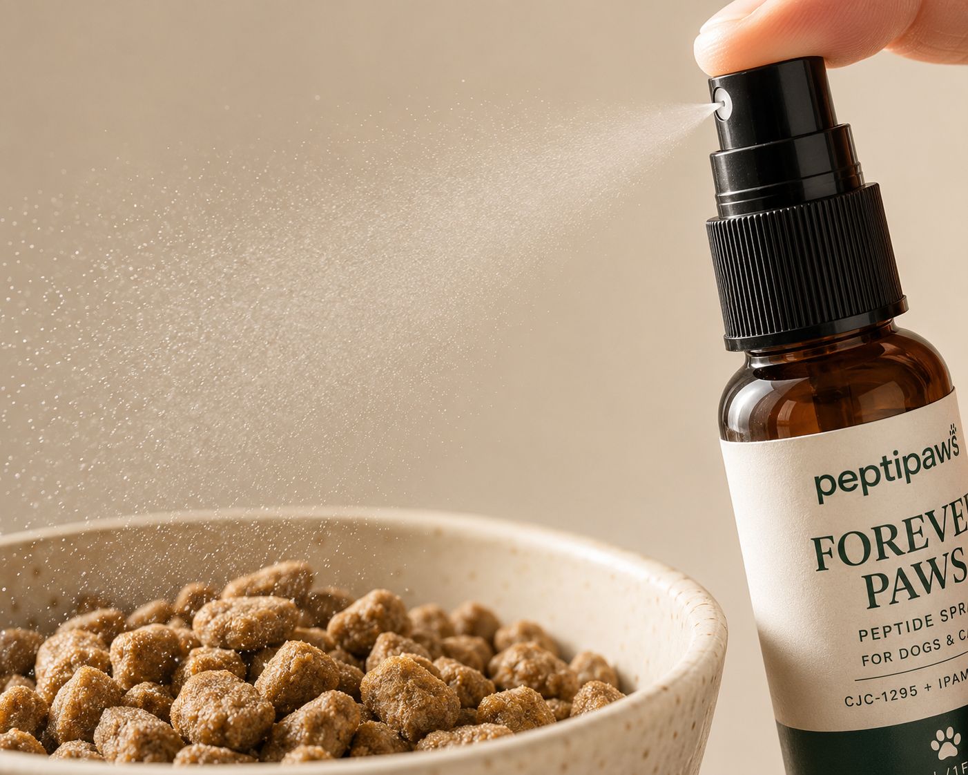 Close-up of a PeptiPaws spray being applied over pet food