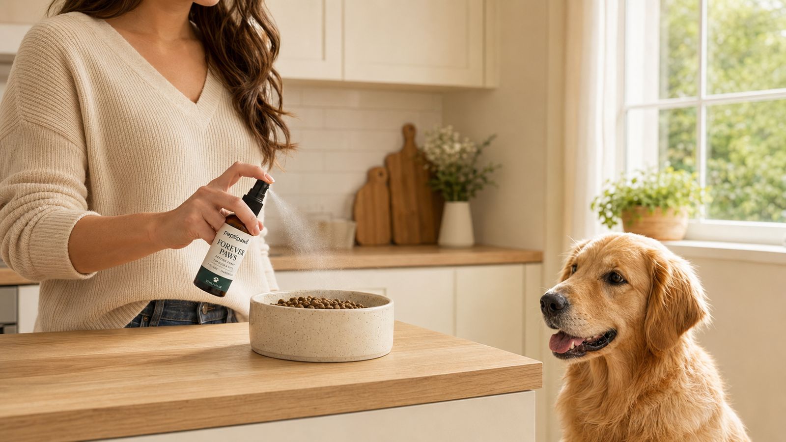 Video demonstrating how to apply PeptiPaws spray to pet food