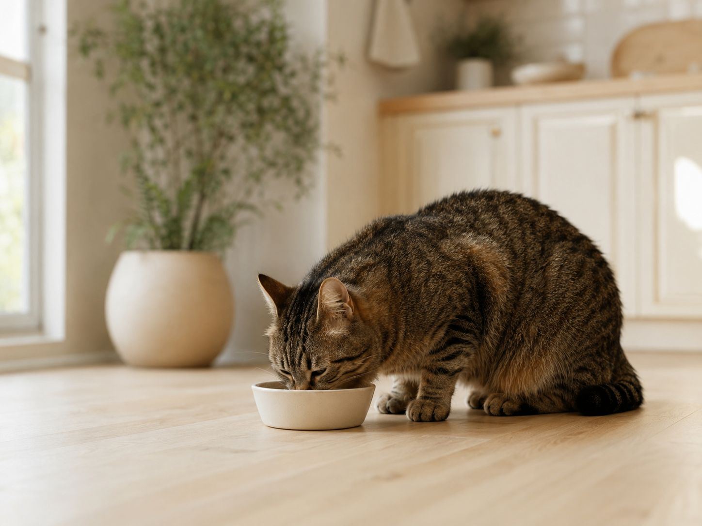 A cat eating from a ceramic bowl in a warm kitchen