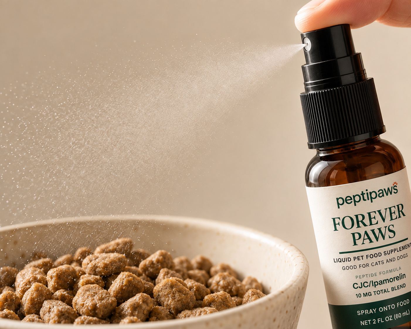 Close-up of a PeptiPaws spray being applied over pet food