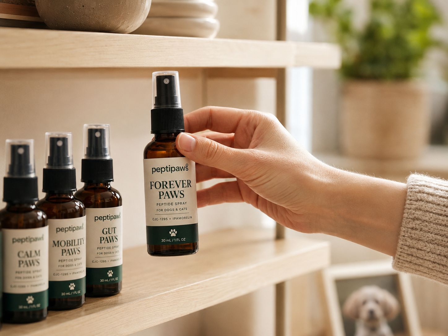 A pet parent choosing a PeptiPaws bottle from a shelf