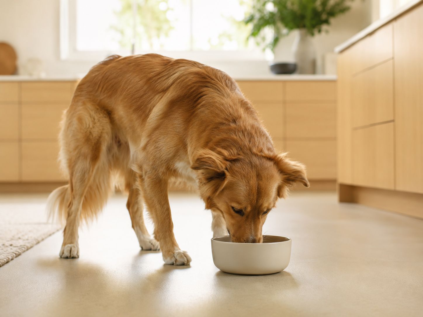 A dog eating from a ceramic bowl in a bright kitchen